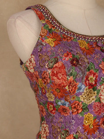 Purple Floral Embroidered Peplum Top With Printed Synthetic Palazzo Suit - Diadem