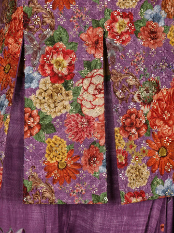 Purple Floral Embroidered Peplum Top With Printed Synthetic Palazzo Suit - Diadem