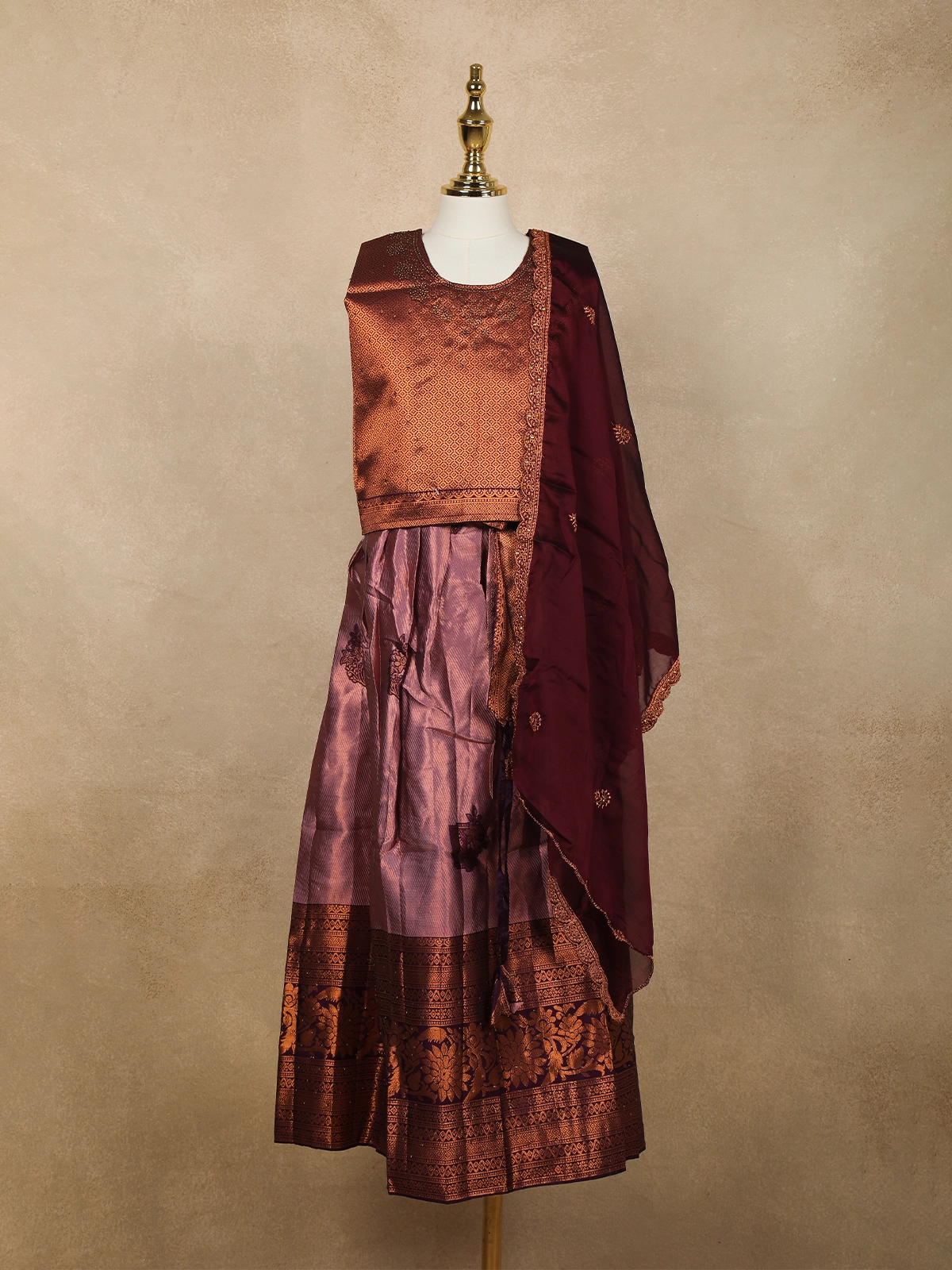 Purple Floral Embroidered Raw Silk Pattu Pavadai
