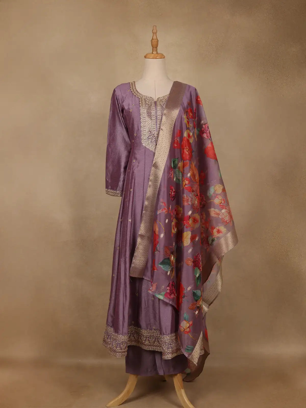 Purple Floral Embroidered Raw Silk Salwar Suit - Diadem