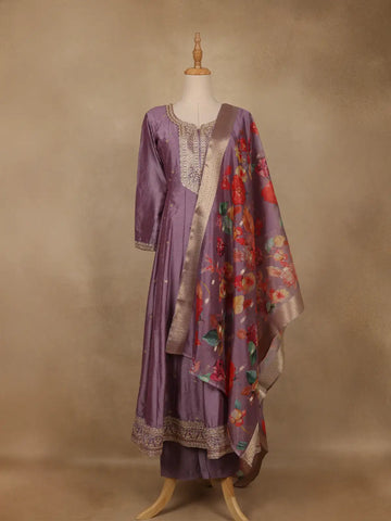 Purple Floral Embroidered Raw Silk Salwar Suit - Diadem