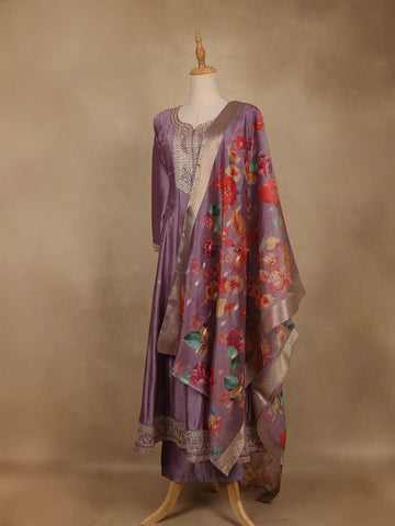 Purple Floral Embroidered Raw Silk Salwar Suit - Diadem