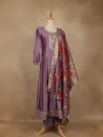 Purple Floral Embroidered Raw Silk Salwar Suit - Diadem