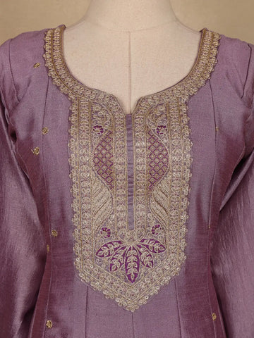 Purple Floral Embroidered Raw Silk Salwar Suit - Diadem