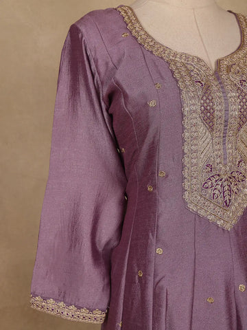 Purple Floral Embroidered Raw Silk Salwar Suit - Diadem