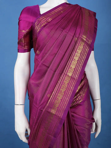 Purple Floral Butta Woven Pure Kanchipuram Silk Saree with Zari Border - Diadem