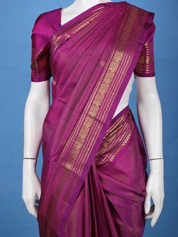 Purple Floral Butta Woven Pure Kanchipuram Silk Saree with Zari Border - Diadem