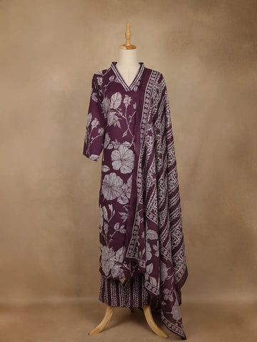 Purple Floral Printed Cotton Salwar Suit With Dupatta - Diadem