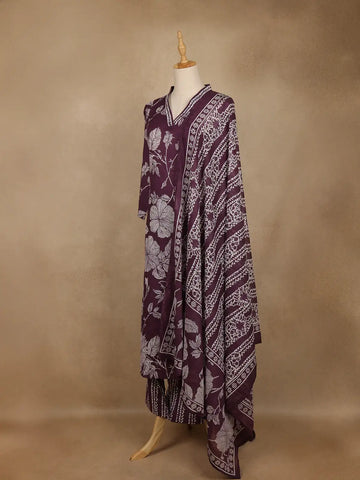 Purple Floral Printed Cotton Salwar Suit With Dupatta - Diadem