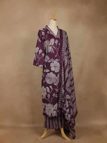 Purple Floral Printed Cotton Salwar Suit With Dupatta - Diadem