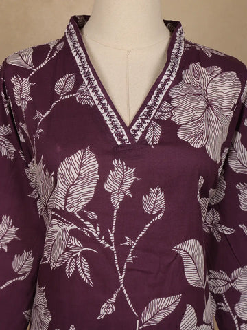 Purple Floral Printed Cotton Salwar Suit With Dupatta - Diadem