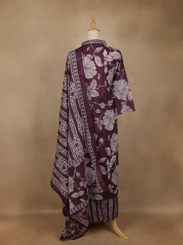 Purple Floral Printed Cotton Salwar Suit With Dupatta - Diadem