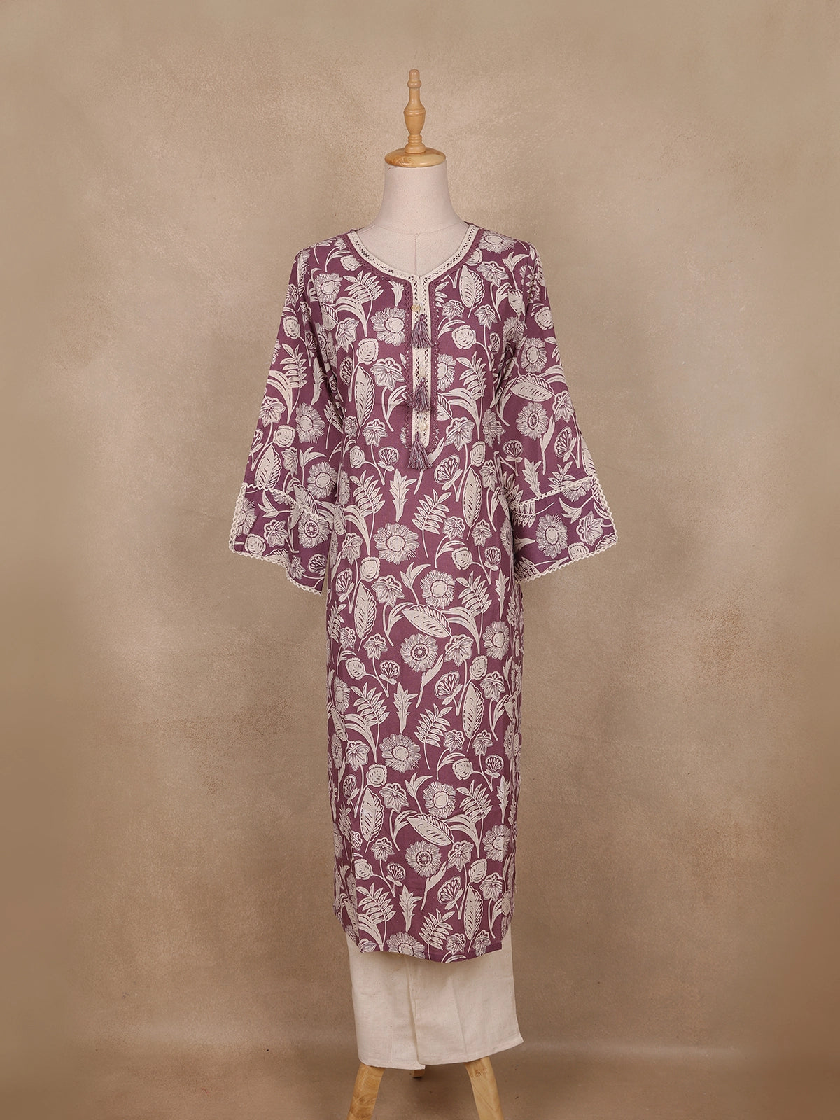 Purple Floral Printed Cotton Salwar With Crochet Lace Detailing