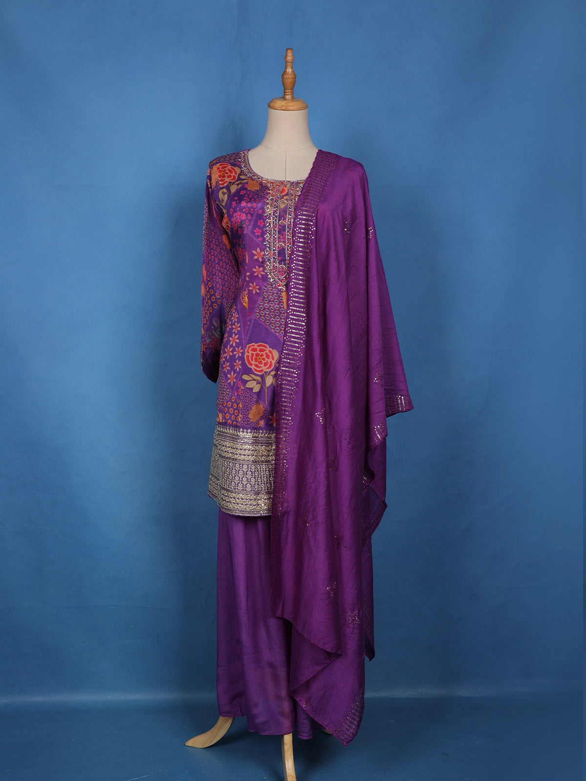 Purple Floral Printed Crepe Palazzo Suit