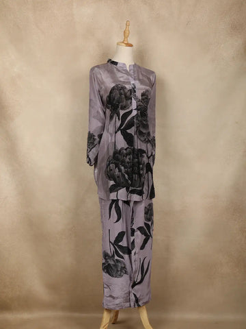 Purple Floral Printed Silk Co Ord Salwar Suit - Diadem