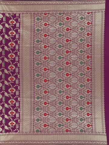 Purple Floral Woven Banarasi Silk Saree With Zari Border - Diadem
