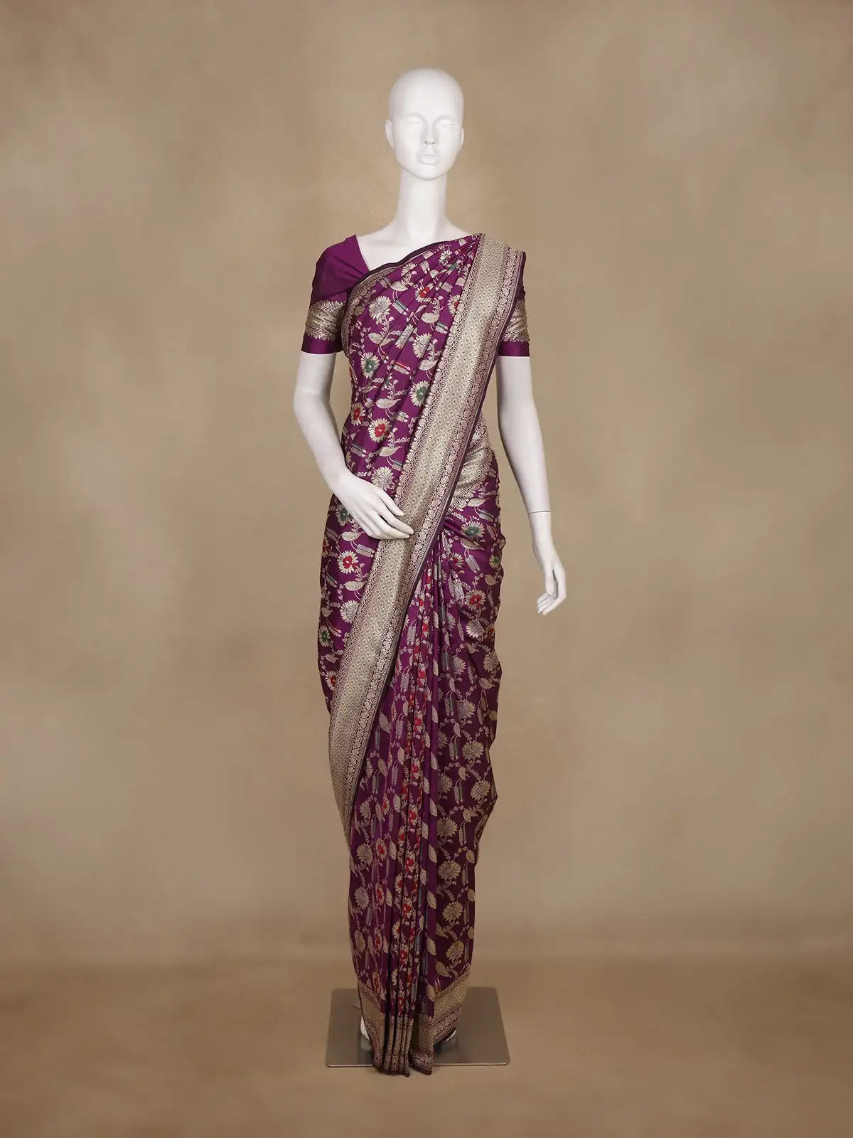 Purple Floral Woven Banarasi Silk Saree With Zari Border - Diadem