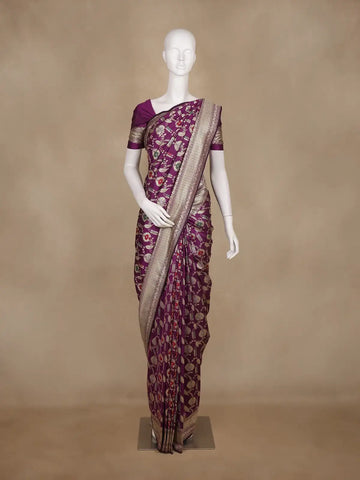 Purple Floral Woven Banarasi Silk Saree With Zari Border - Diadem