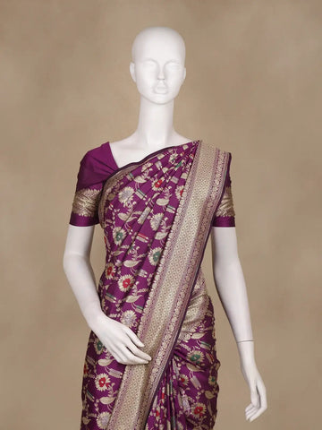 Purple Floral Woven Banarasi Silk Saree With Zari Border - Diadem