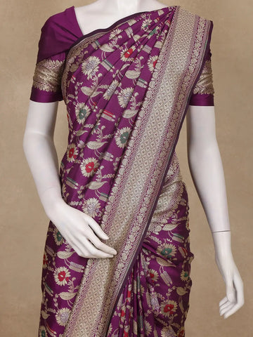 Purple Floral Woven Banarasi Silk Saree With Zari Border - Diadem