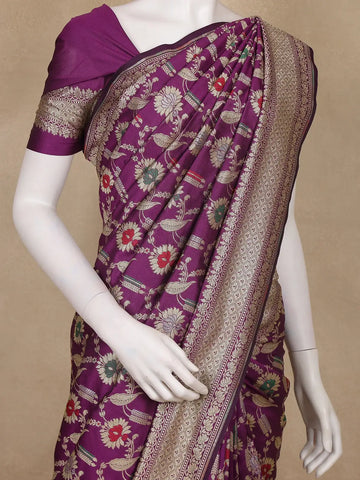 Purple Floral Woven Banarasi Silk Saree With Zari Border - Diadem