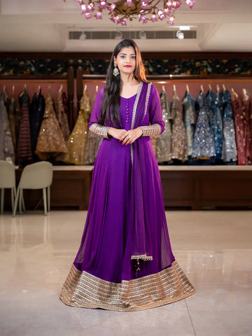 Purple Panel Designed Anarkali Georgette Gown With Zari Embroidered Sleeves - Diadem