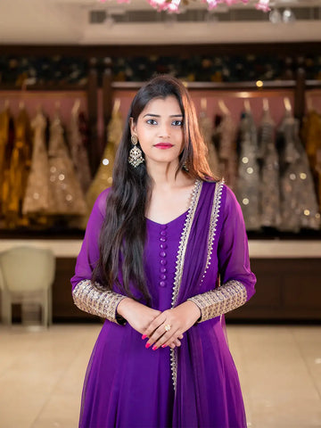 Purple Panel Designed Anarkali Georgette Gown With Zari Embroidered Sleeves - Diadem