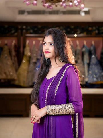 Purple Panel Designed Anarkali Georgette Gown With Zari Embroidered Sleeves - Diadem
