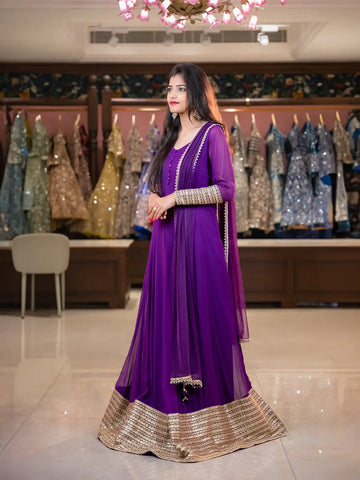 Purple Panel Designed Anarkali Georgette Gown With Zari Embroidered Sleeves - Diadem