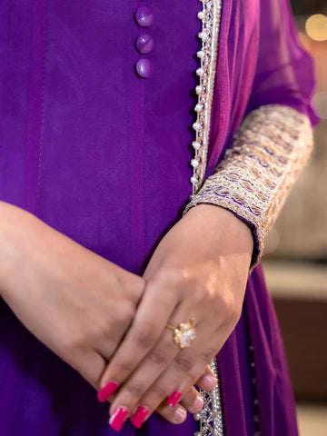 Purple Panel Designed Anarkali Georgette Gown With Zari Embroidered Sleeves - Diadem