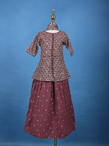 Purple Sequins Embroidered Kids Peplum Top With Skirt And Dupatta - Diadem