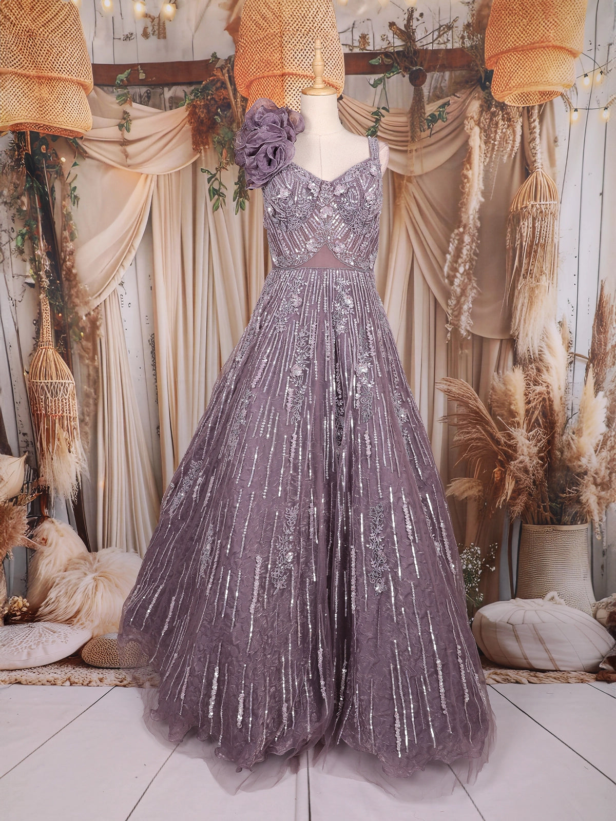 Purple Sequins and Beads Embroidered Design Net Gown