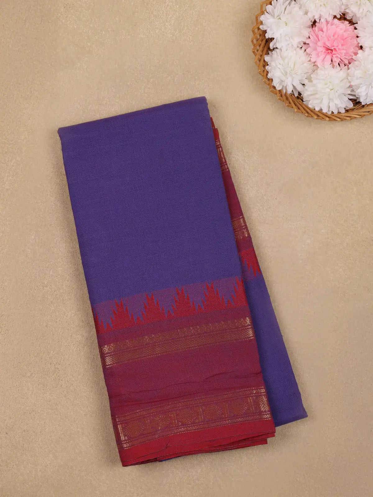 Purple Solid Design Cotton Saree With Red Temple Zari Border - Diadem