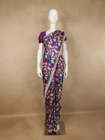 Purple Floral Design Satin Saree - Diadem