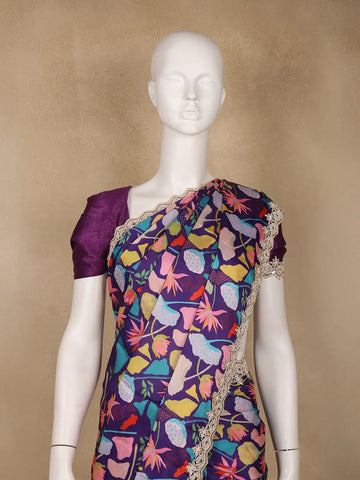 Purple Floral Design Satin Saree - Diadem