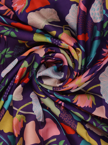 Purple Floral Design Satin Saree - Diadem