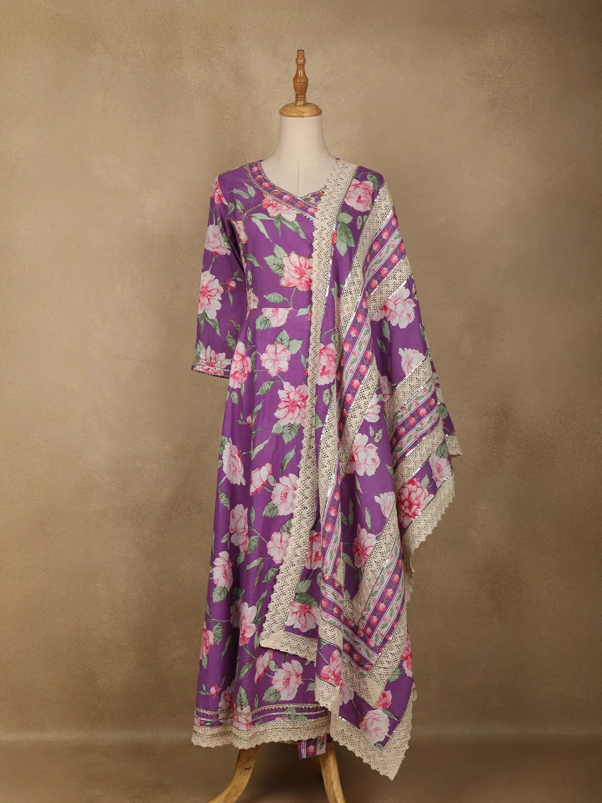 Purple Floral Designed Cotton Anarkali Salwar Suit - Diadem