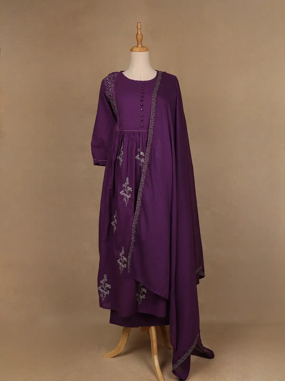 Purple Floral Embroidered Cotton Salwar Suit - Diadem