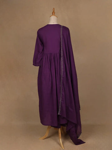 Purple Floral Embroidered Cotton Salwar Suit - Diadem