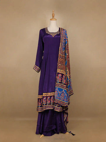 Purple Floral Designed Semi Silk Anarkali Salwar Suit - Diadem