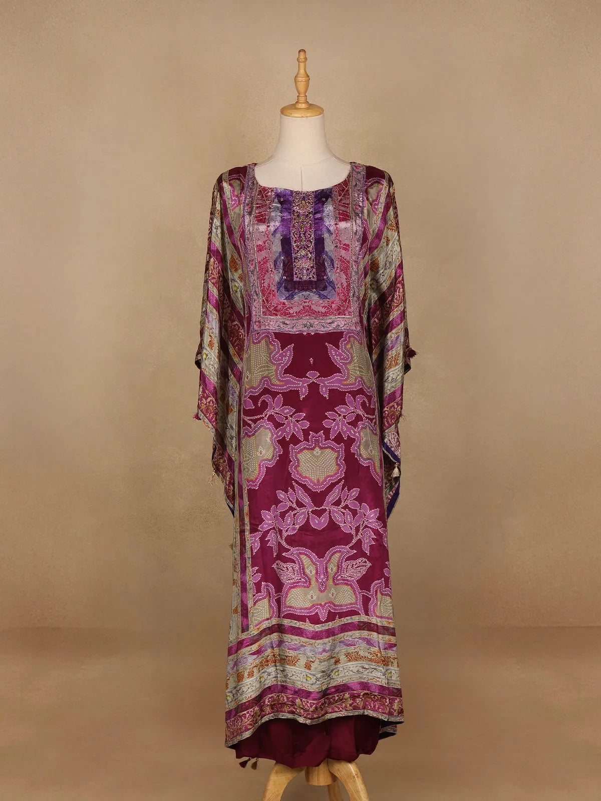 Purple Floral Designed Semi Silk Kaftan Suit - Diadem