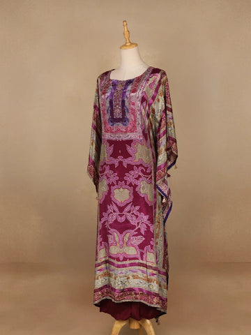 Purple Floral Designed Semi Silk Kaftan Suit - Diadem