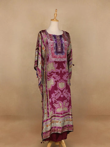 Purple Floral Designed Semi Silk Kaftan Suit - Diadem