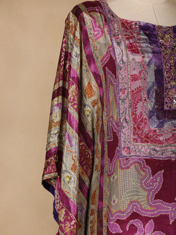 Purple Floral Designed Semi Silk Kaftan Suit - Diadem