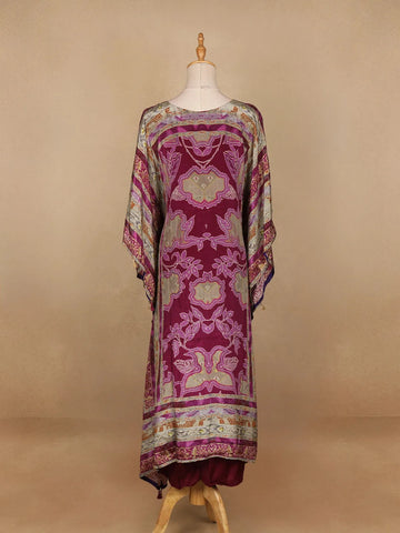 Purple Floral Designed Semi Silk Kaftan Suit - Diadem