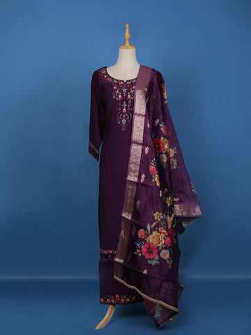 Purple Floral Designed Semi Silk Salwar Suit - Diadem