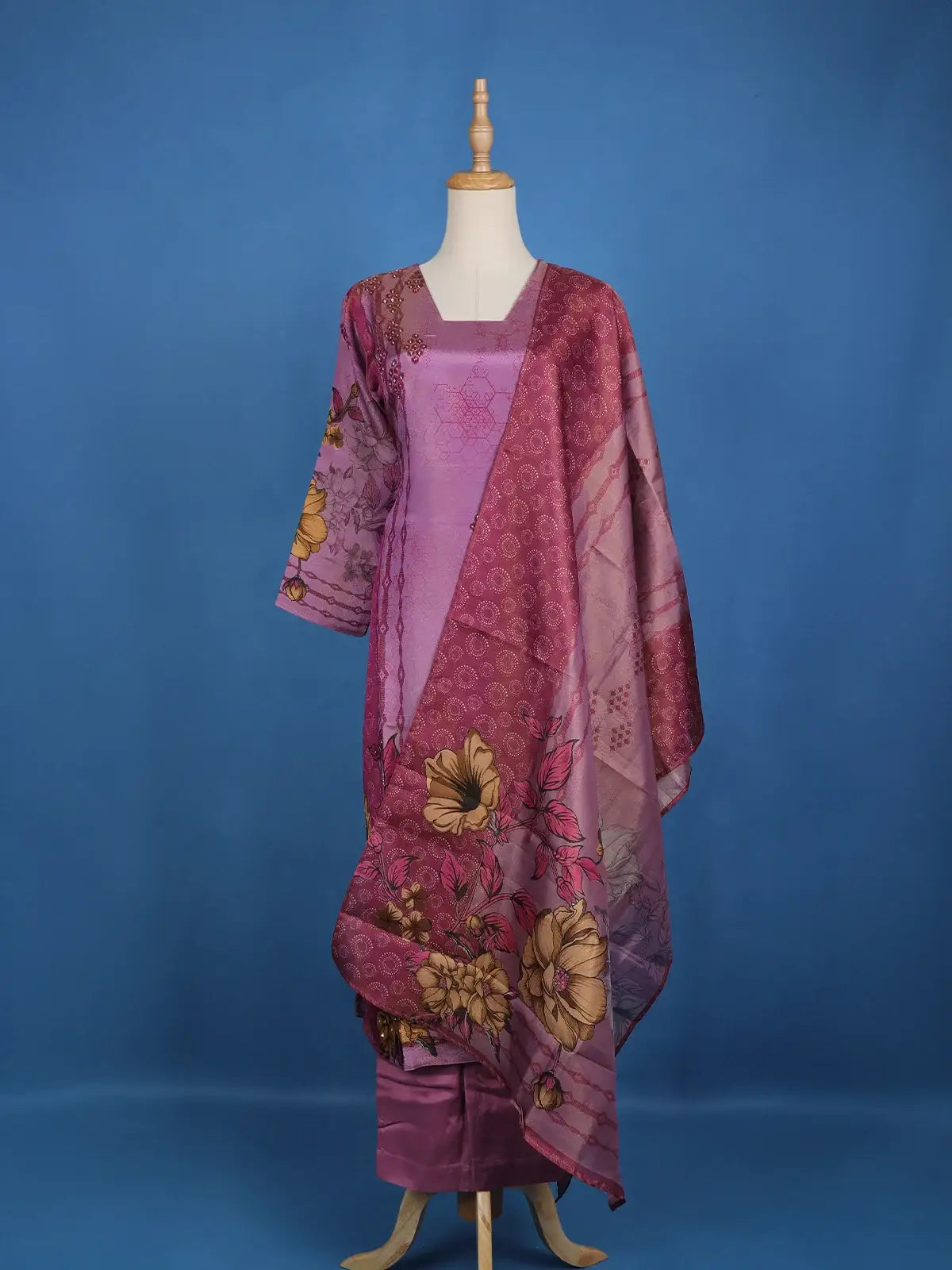 Purple Floral Designed Semi Silk Salwar Suit - Diadem