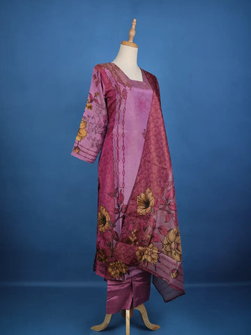 Purple Floral Designed Semi Silk Salwar Suit - Diadem