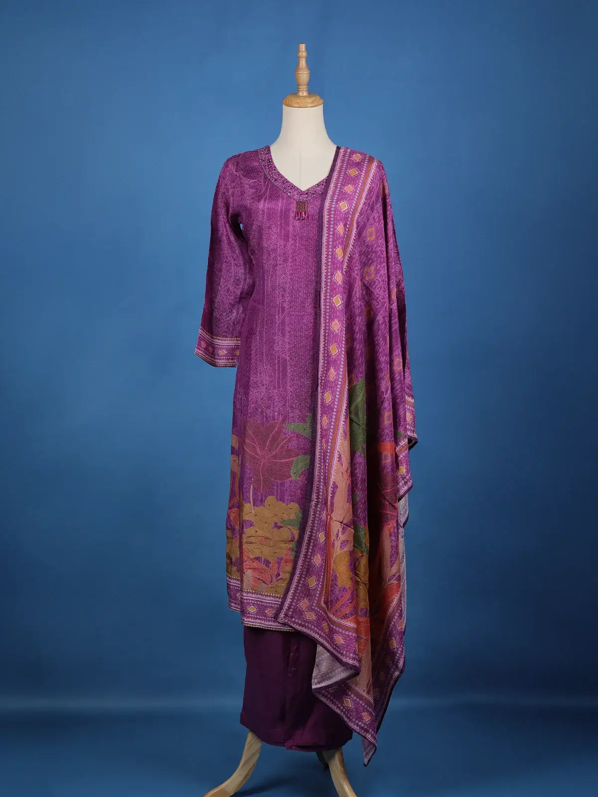 Purple Floral Designed Semi Silk Salwar Suit - Diadem