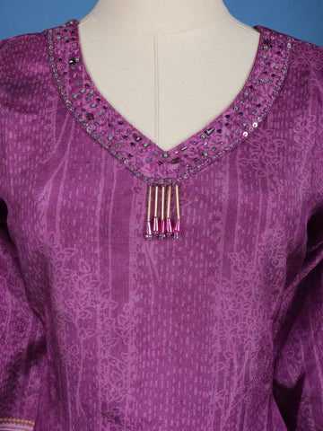 Purple Floral Designed Semi Silk Salwar Suit - Diadem